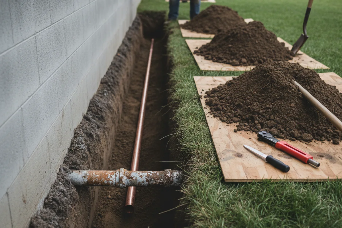 Excavated water line trench during Sewer Line Repair in Big Bar
